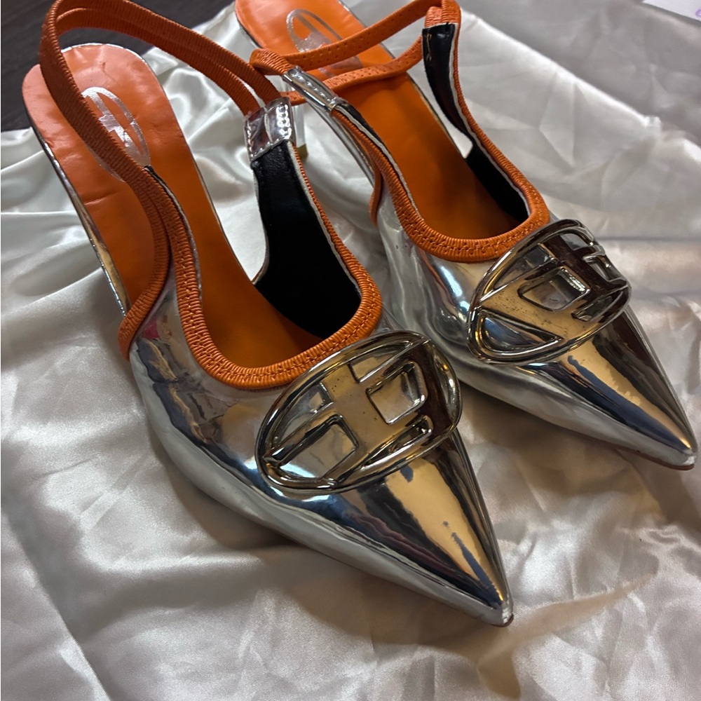 90s Y2K millennium 2000s Diesel metallic Silver and Orange pointed toe Hee